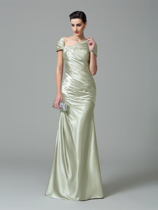 Sheath Silk like Satin Off-the-Shoulder Sleeveless Floor-Length With Pleats Dresses